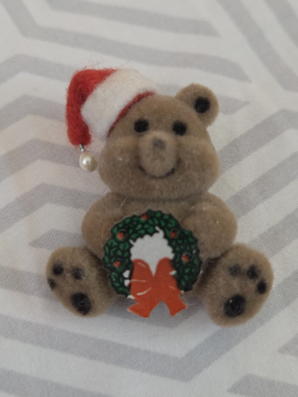 Vintage 1980s flocked fuzzy teddy bear Christmas pin